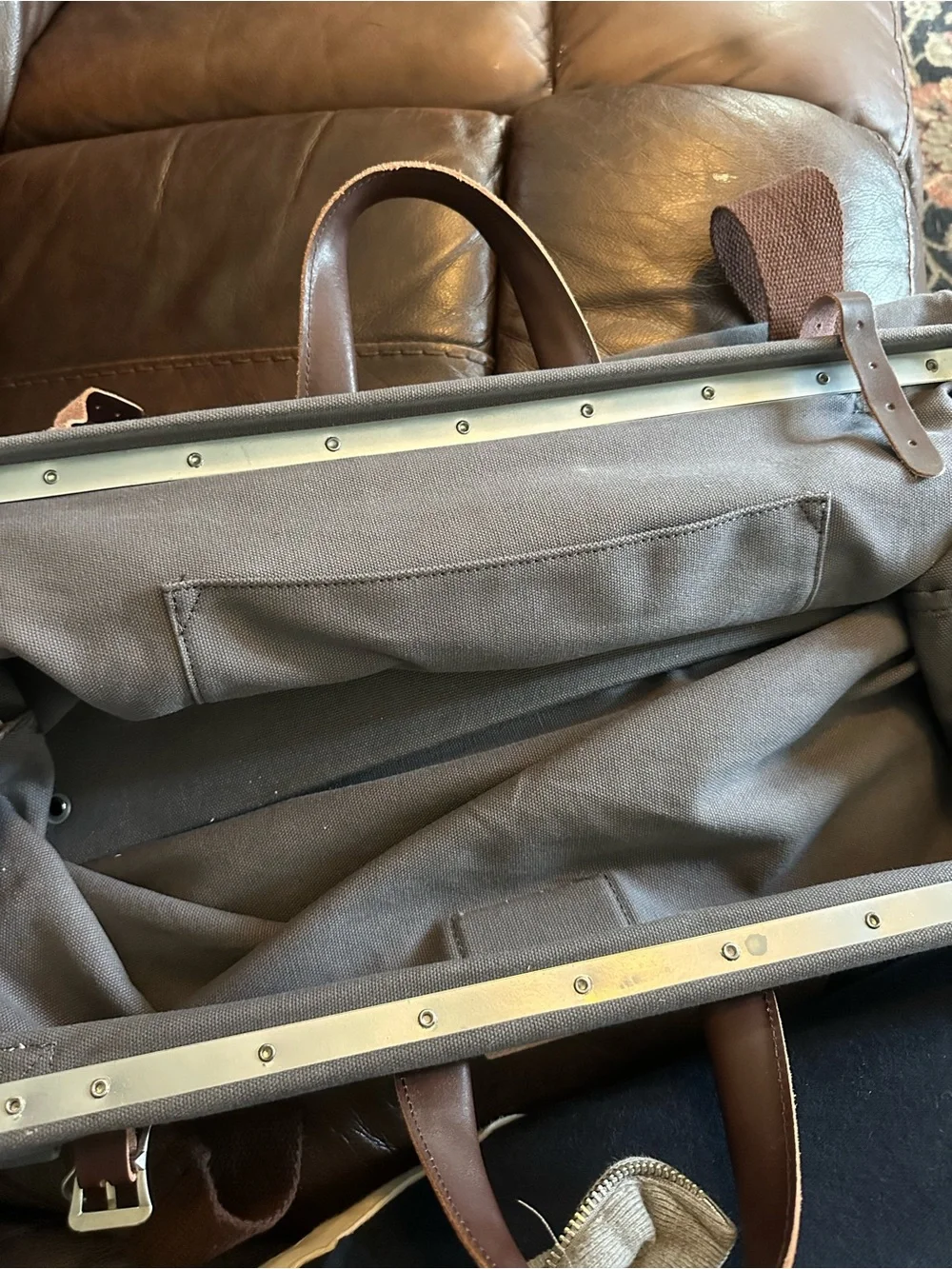 Men's Charcoal Canvas Duffel weekender bag with Brown Leather Trim
